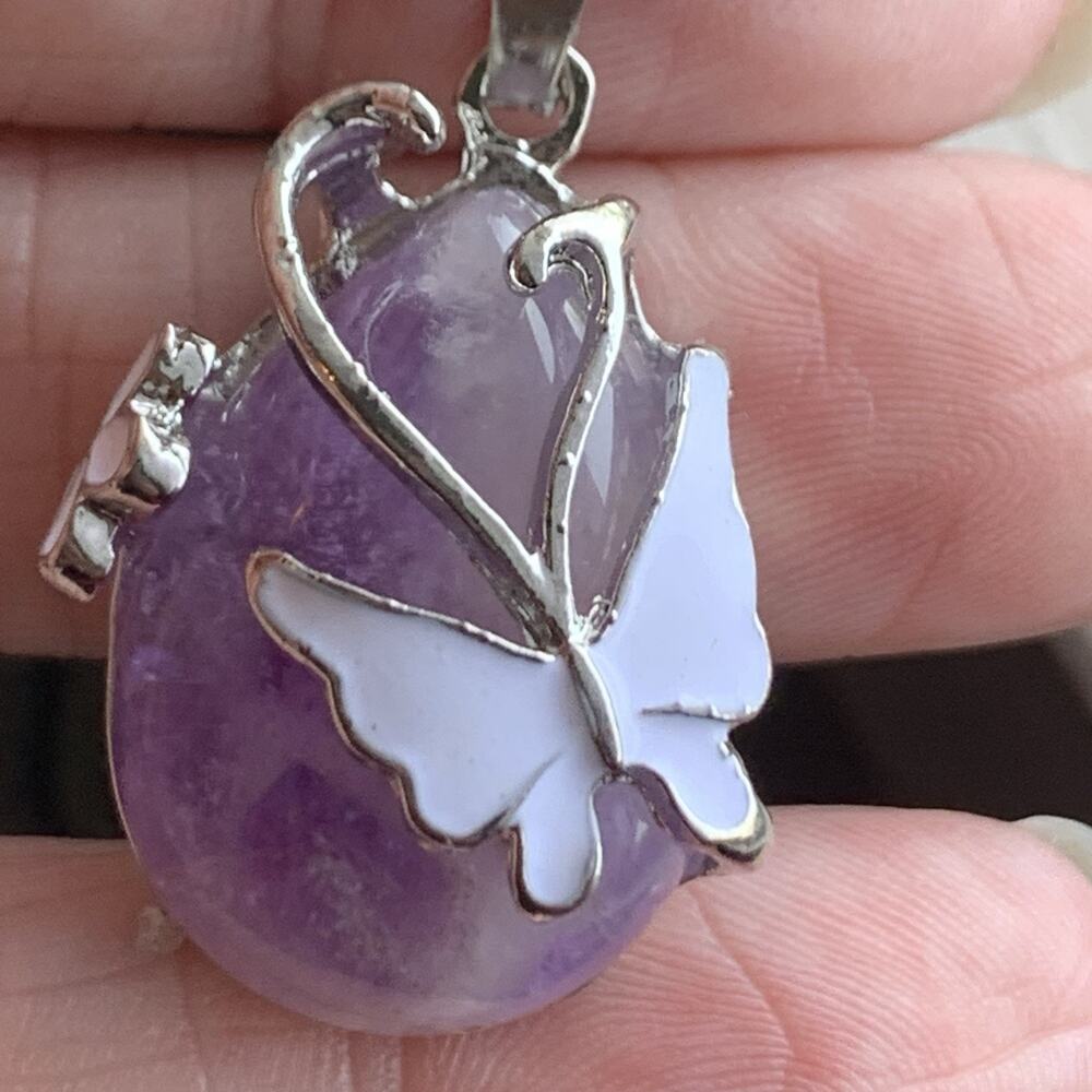 Polished Amethyst Wrap Tibetan Silver Butterfly Necklace Pendant Teardrop Stone